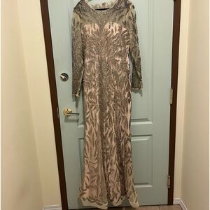 CUSTOM  Formal Beaded Fit and Flair Dress with Nude Lining and Sheer Arms